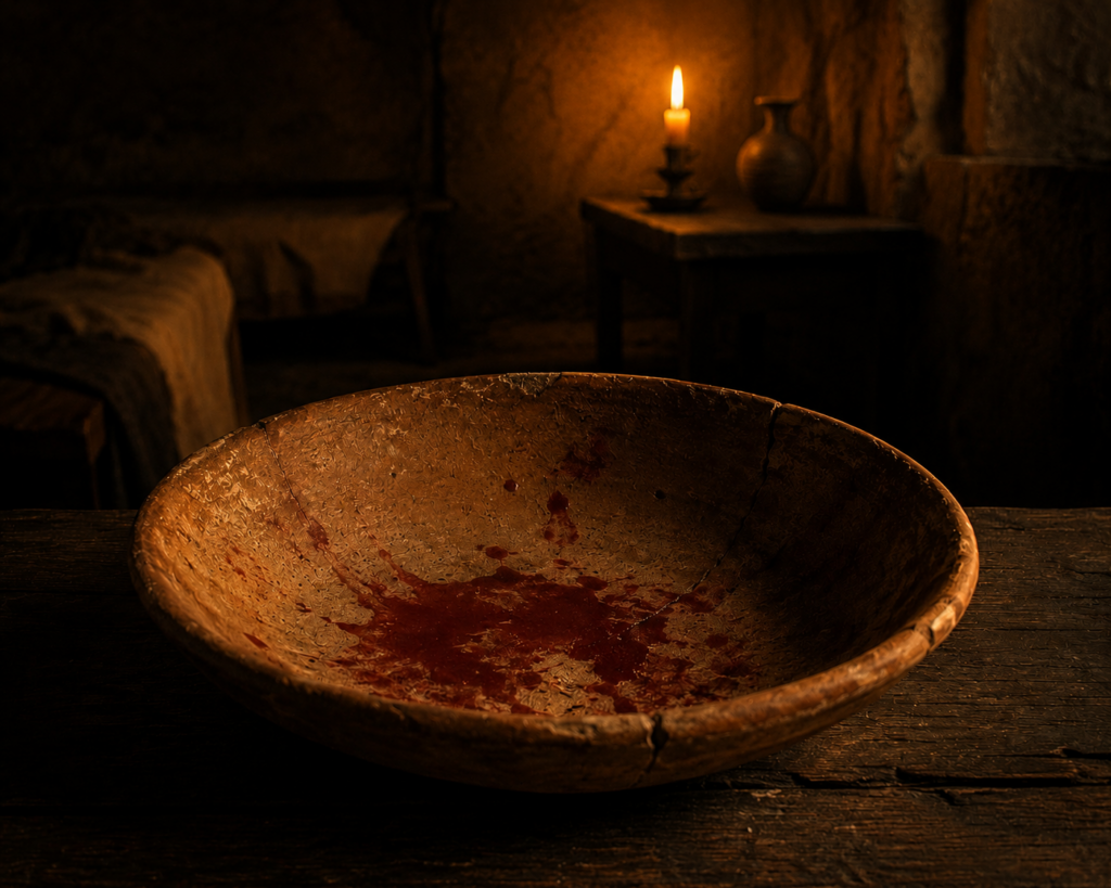 Un piatto di terracotta sporco di sangue